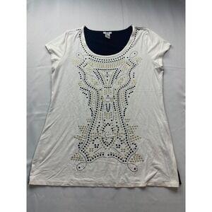 Cache Womens Size XL Top White Studded Cap Sleeve Scoop‎ Neck Casual